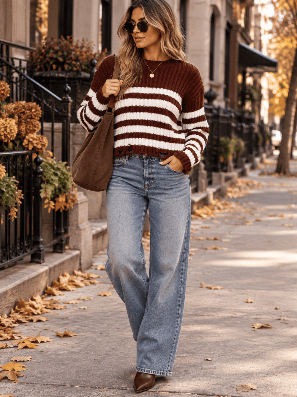 WOMEN'S LONG SLEEVE COLORBLOCK STRIPES DISTRESS PULLOVER SWEATER