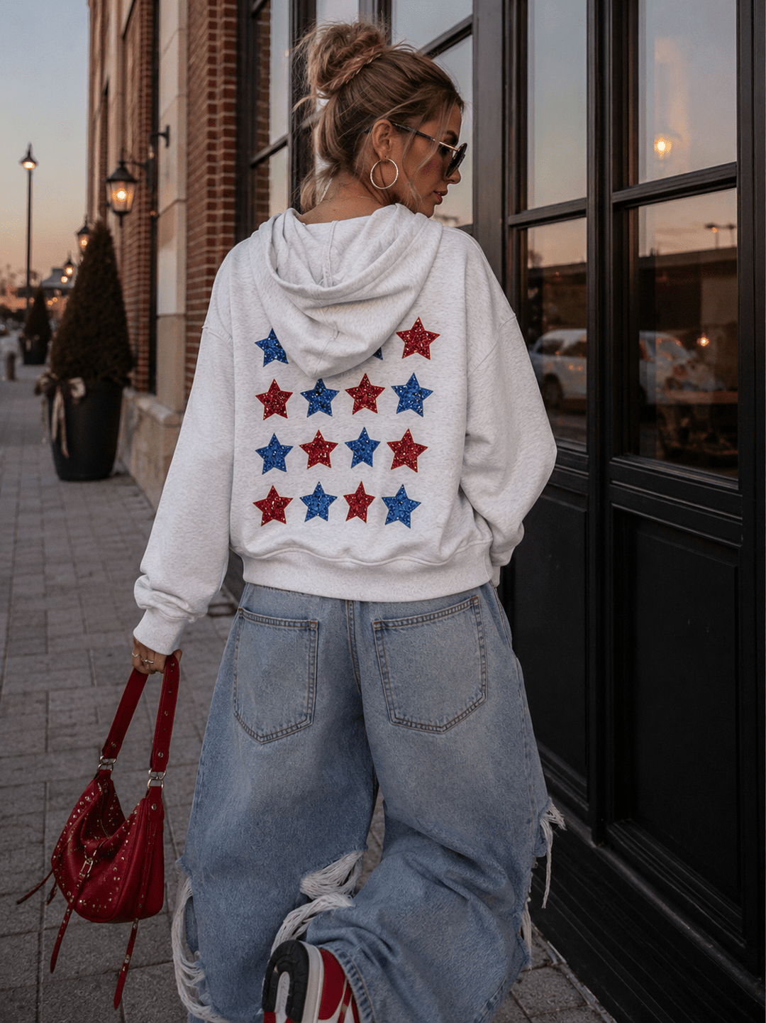 WOMEN'S LONG SLEEVE FRONT POCKETS BACK SEQUINS STARS PULLOVER SWEATERS