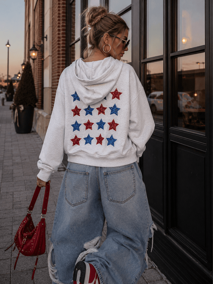 WOMEN'S LONG SLEEVE FRONT POCKETS BACK SEQUINS STARS PULLOVER SWEATERS