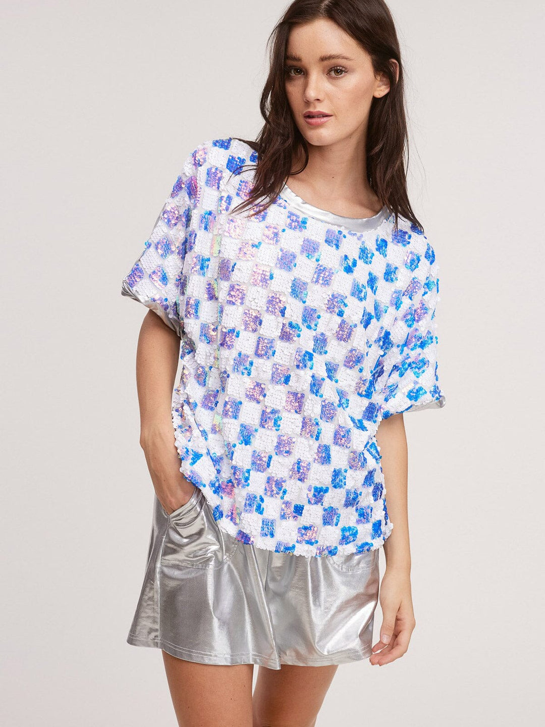 WOMENS SHORT SLEEVE SEQUINS MULTI TOP