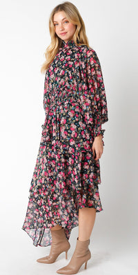 WOMEN'S LONG SLEEVE SMOCK WAIST HIGH-LOW FLORAL MAXI DRESS