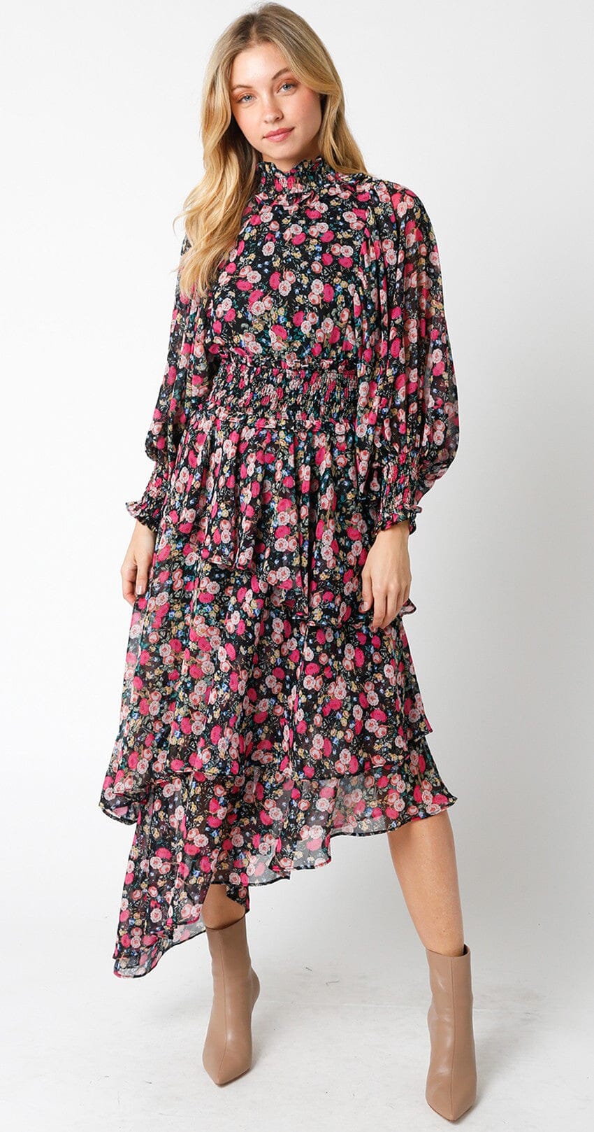 WOMEN'S LONG SLEEVE SMOCK WAIST HIGH-LOW FLORAL MAXI DRESS