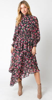 WOMEN'S LONG SLEEVE SMOCK WAIST HIGH-LOW FLORAL MAXI DRESS