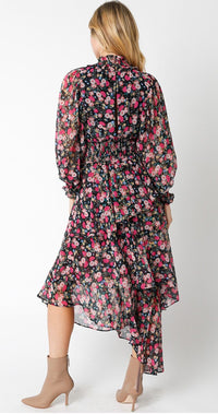 WOMEN'S LONG SLEEVE SMOCK WAIST HIGH-LOW FLORAL MAXI DRESS