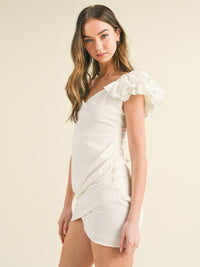 WOMEN'S SHORT RUFFLE SLEEVE SURPLICE BODYCON MINI DRESS