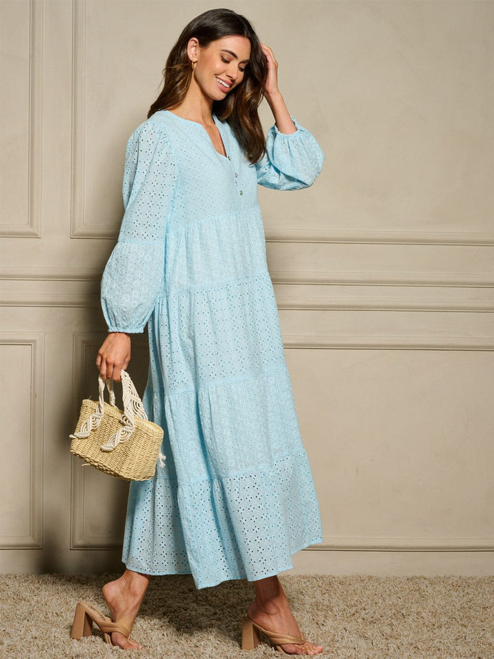WOMEN'S LONG SLEEVE TIERED EYELET DETAILED MAXI DRESS