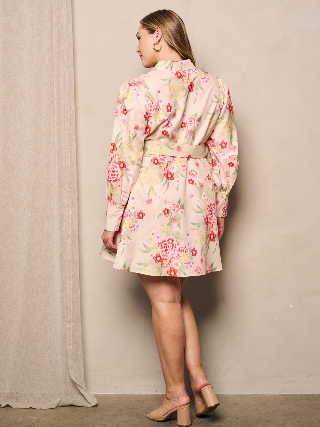 PLUS SIZE LONG SLEEVE BUTTON UP BELTED FLORAL MINI DRESS