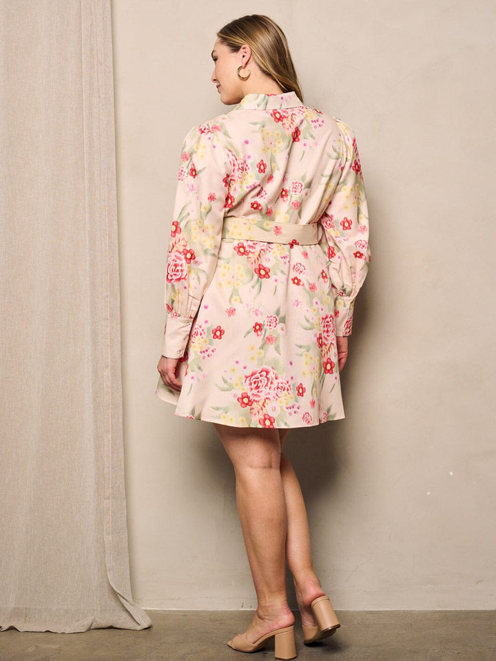 PLUS SIZE LONG SLEEVE BUTTON UP BELTED FLORAL MINI DRESS