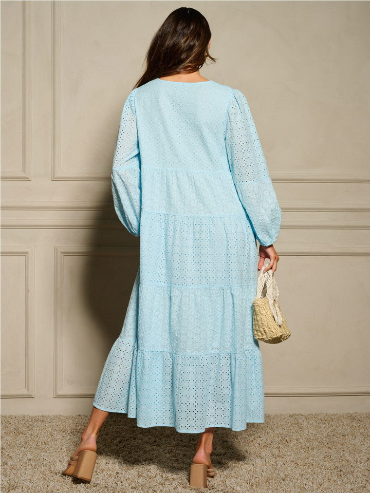 WOMEN'S LONG SLEEVE TIERED EYELET DETAILED MAXI DRESS
