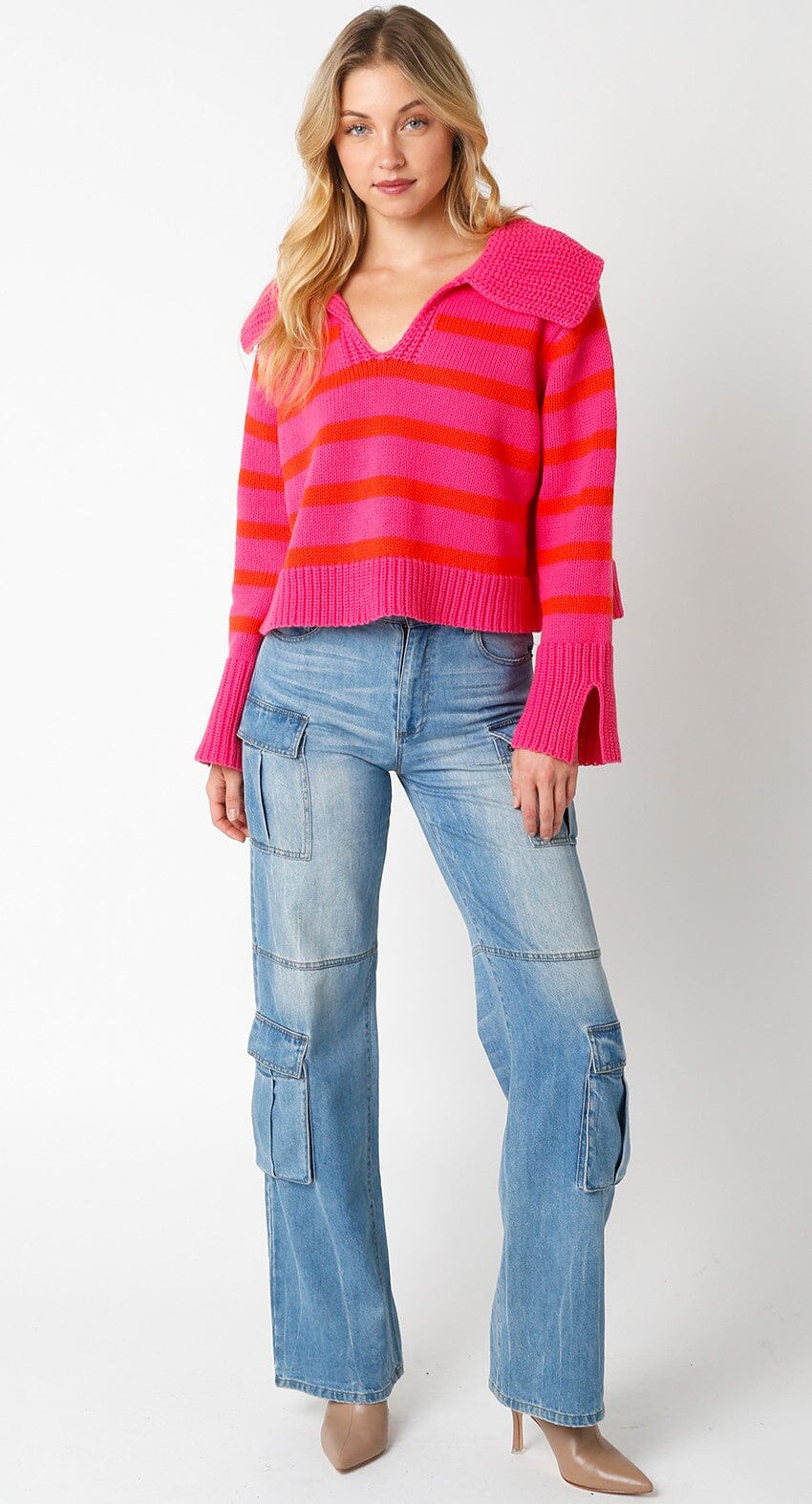 WOMEN'S LONG SLEEVE V-NECK COLORBLOCK STRIPES PULLOVER SWEATER