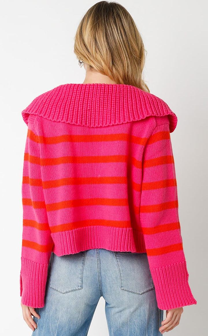 WOMEN'S LONG SLEEVE V-NECK COLORBLOCK STRIPES PULLOVER SWEATER