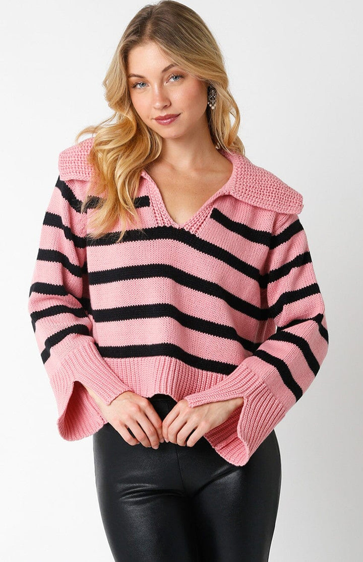 WOMEN'S LONG SLEEVE V-NECK COLORBLOCK STRIPES PULLOVER SWEATER