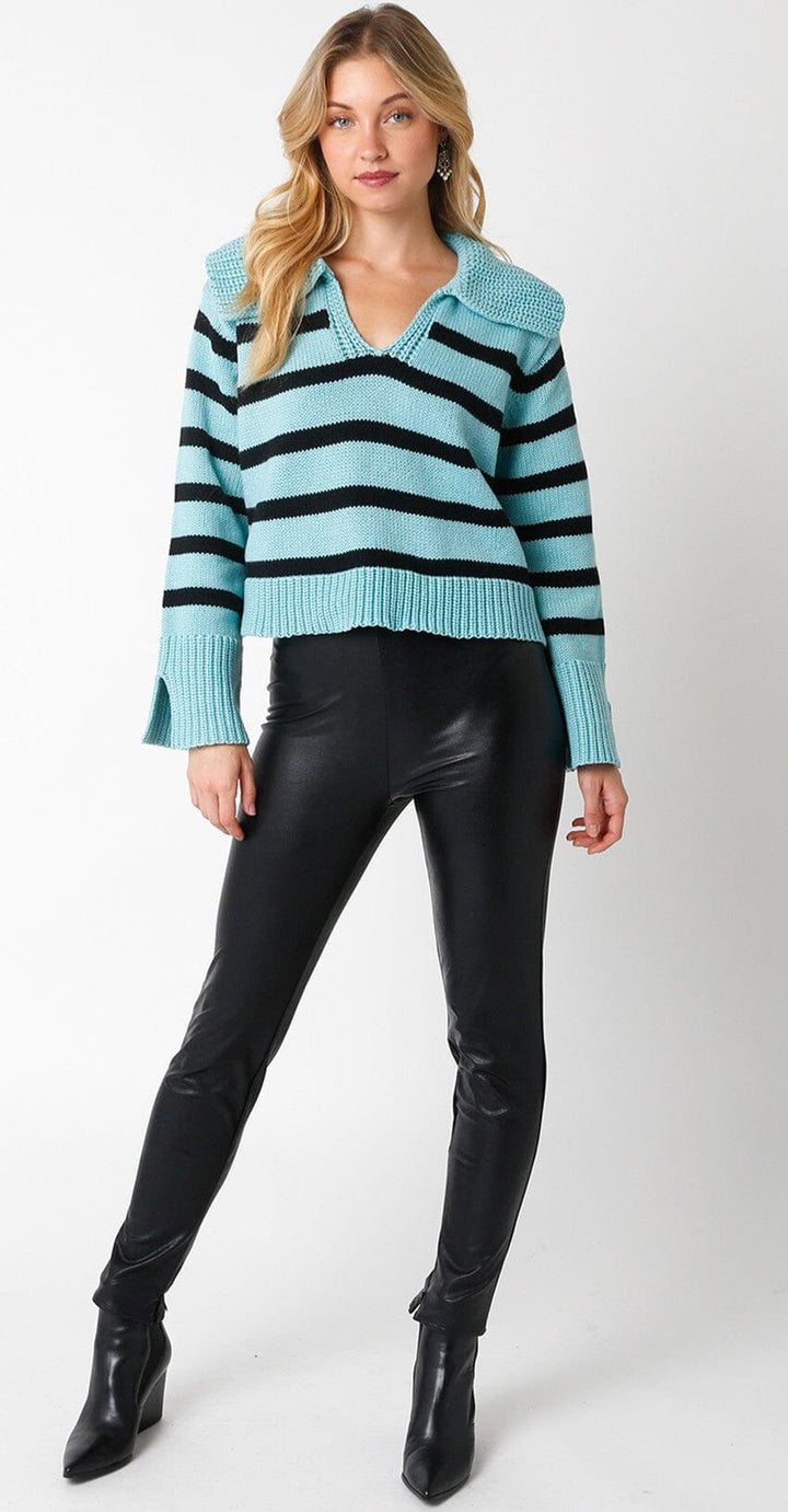WOMEN'S LONG SLEEVE V-NECK COLORBLOCK STRIPES PULLOVER SWEATER