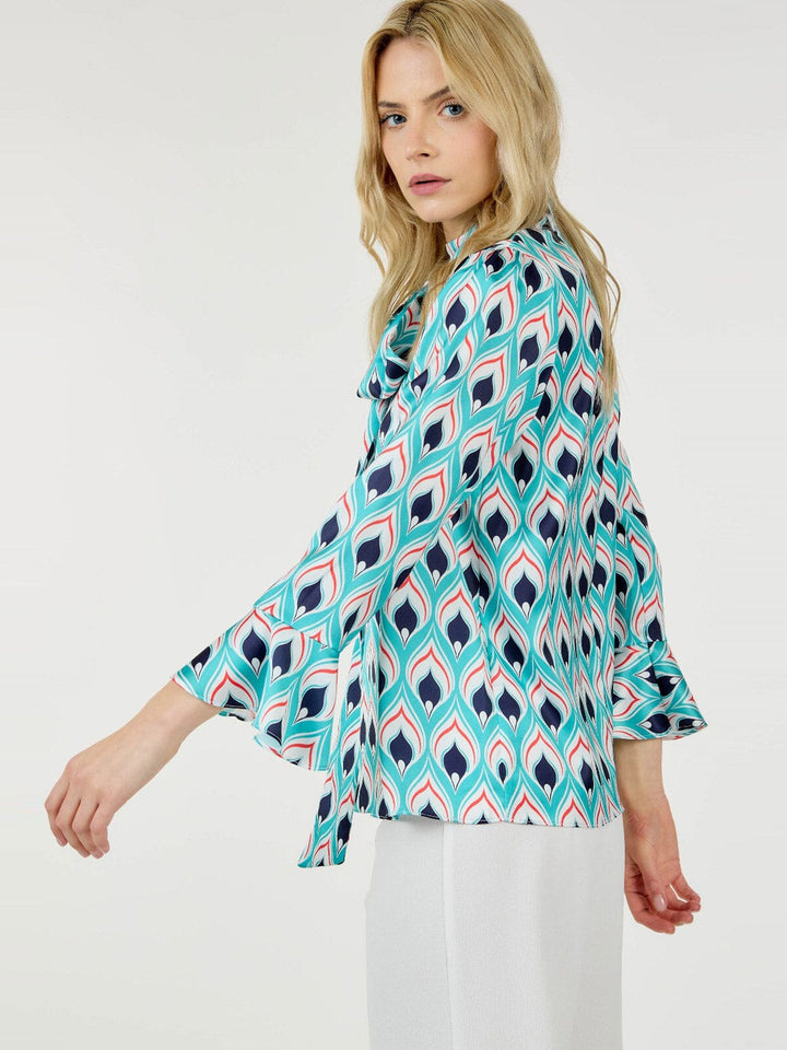 WOMEN'S LONG BELL SLEEVE TURTLE NECK MULTI PRINT BLOUSE TOP