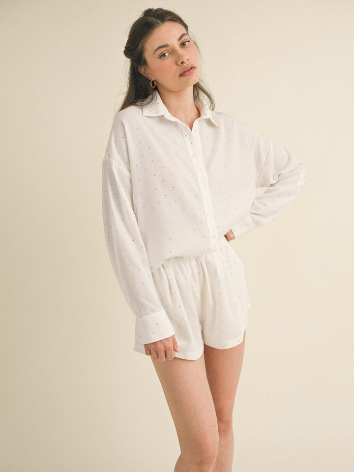 WOMEN'S LONG SLEEVE BLOUSE & MINI SHORTS STUDS DETAILED 2PC. SET