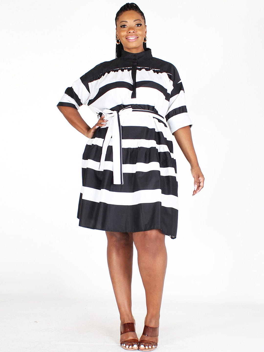PLUS SIZE SHORT SLEEVES SELF TIE STRIPES MINI DRESS