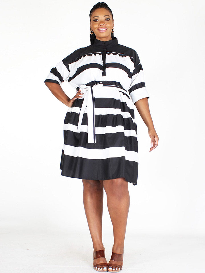 PLUS SIZE SHORT SLEEVES SELF TIE STRIPES MINI DRESS