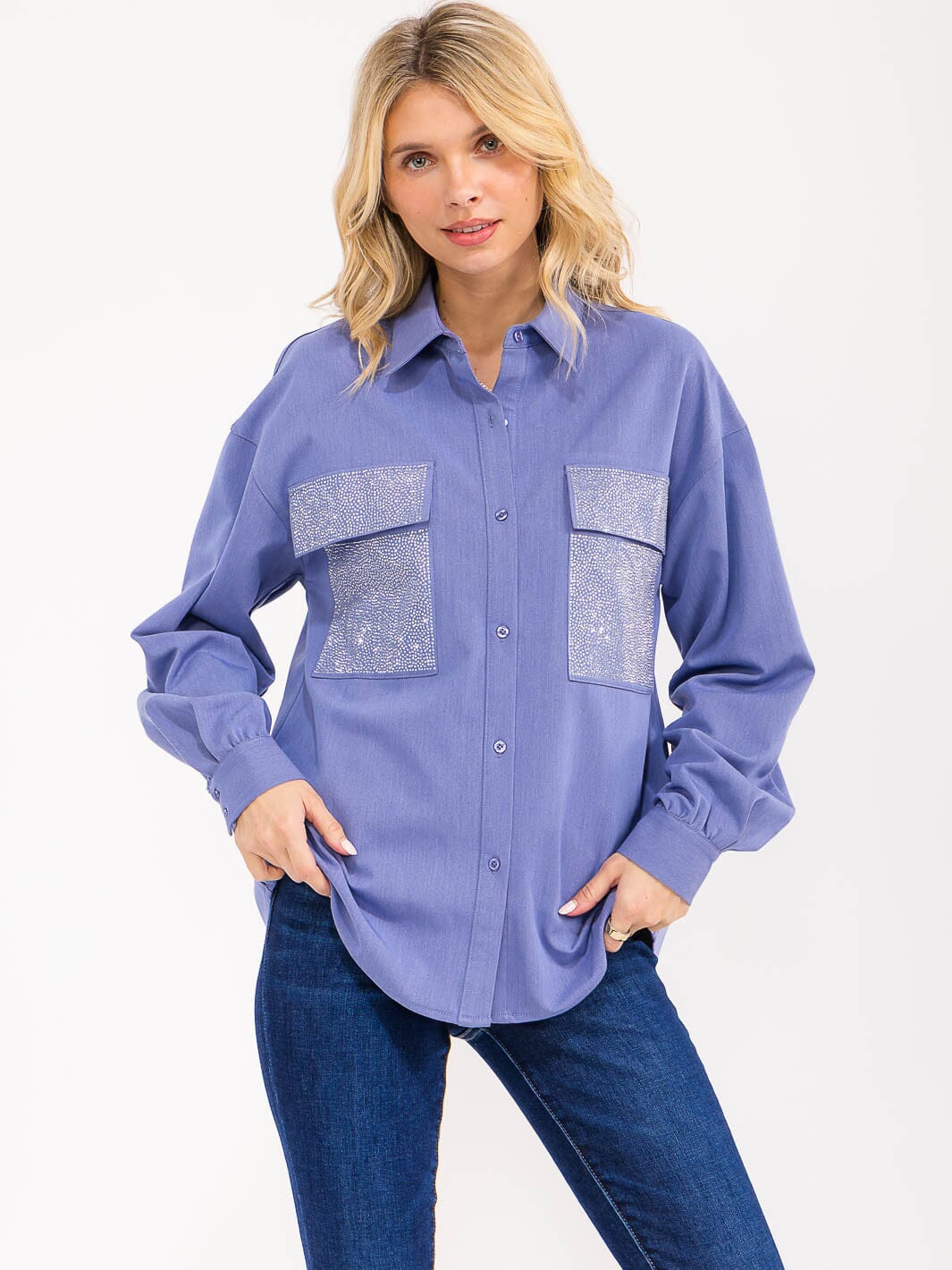 WOMENS'S LONG SLEEVE BUTTON CLOSURE FRONT SHIMMER POCKETS SHIRT