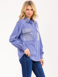 WOMENS'S LONG SLEEVE BUTTON CLOSURE FRONT SHIMMER POCKETS SHIRT