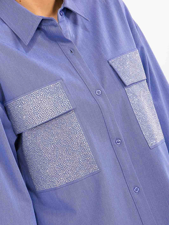 WOMENS'S LONG SLEEVE BUTTON CLOSURE FRONT SHIMMER POCKETS SHIRT