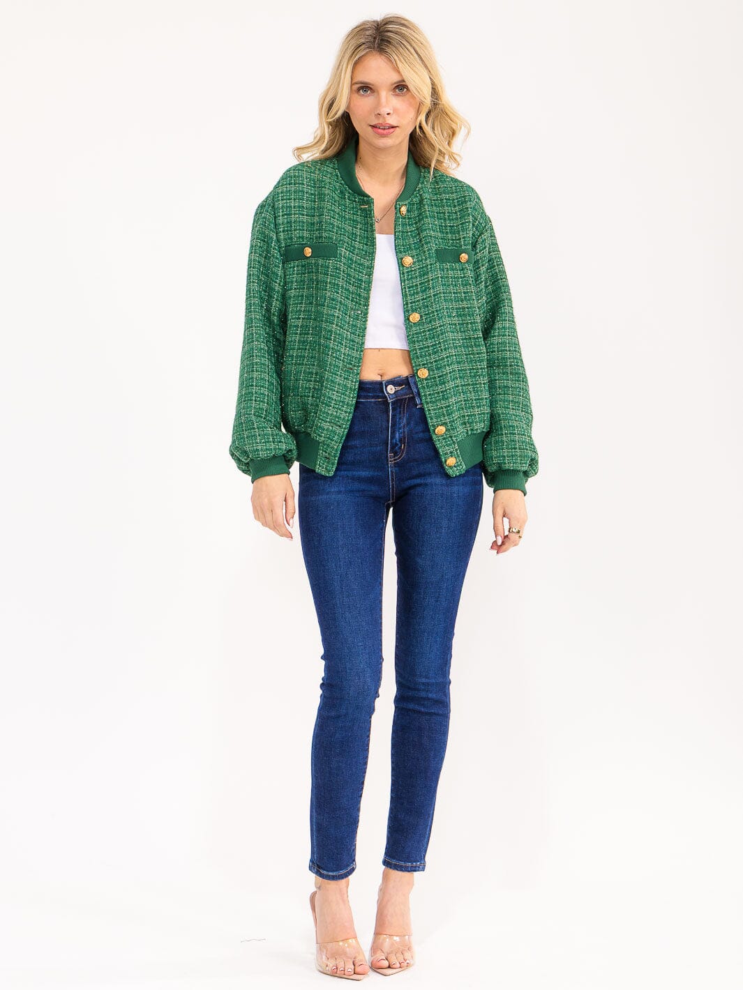 WOMENS'S LONG SLEEVE BUTTON CLOSURE POCKETS TWEED SHIMMER JACKET