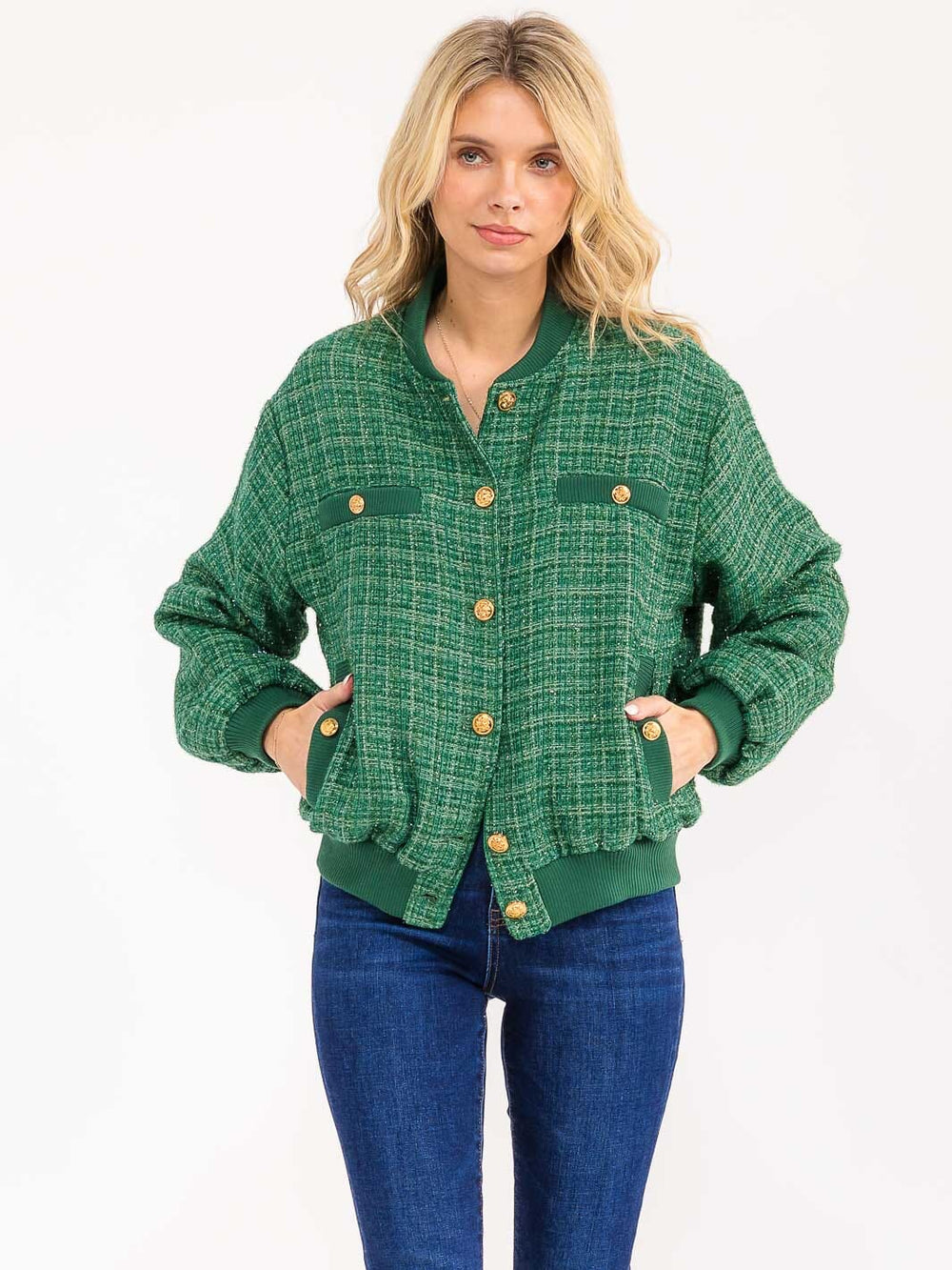WOMENS'S LONG SLEEVE BUTTON CLOSURE POCKETS TWEED SHIMMER JACKET