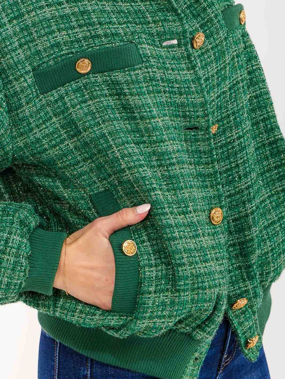 WOMENS'S LONG SLEEVE BUTTON CLOSURE POCKETS TWEED SHIMMER JACKET