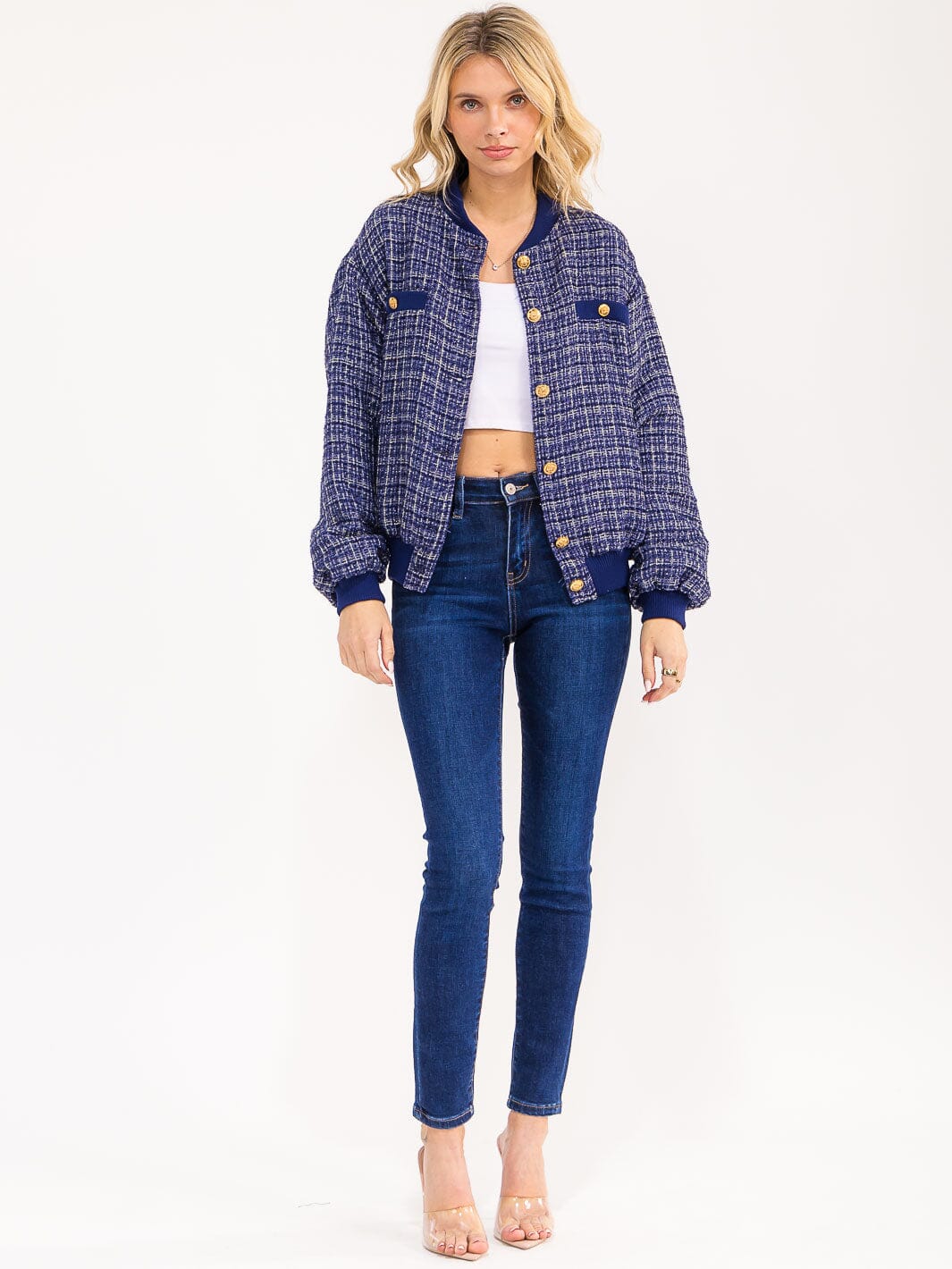 WOMENS'S LONG SLEEVE BUTTON CLOSURE POCKETS TWEED SHIMMER JACKET