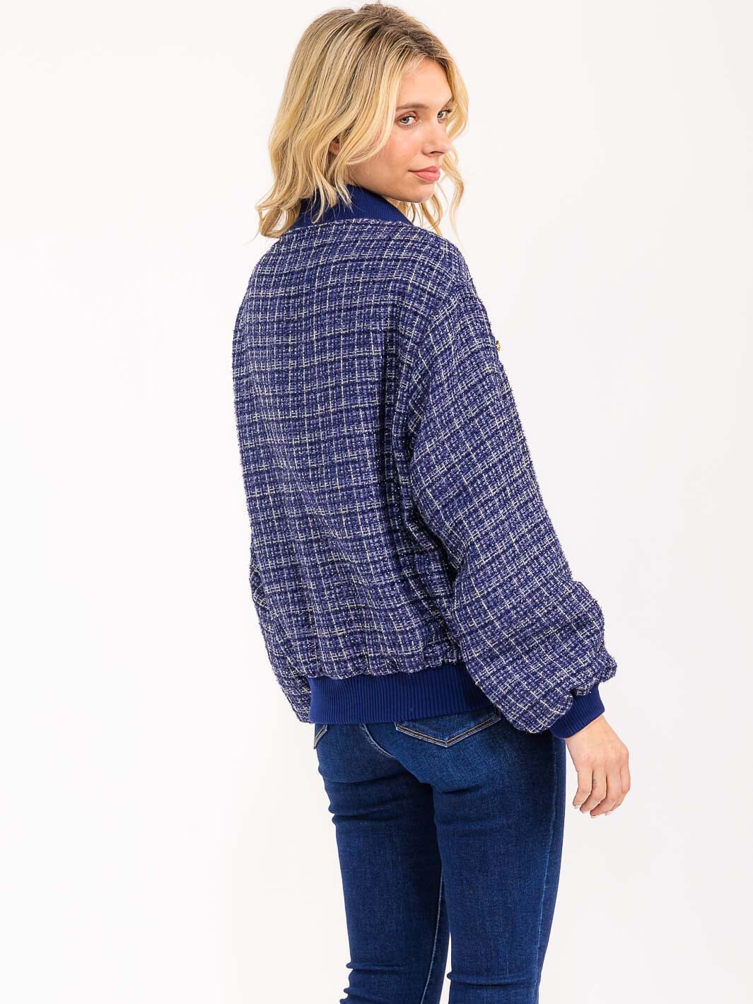 WOMENS'S LONG SLEEVE BUTTON CLOSURE POCKETS TWEED SHIMMER JACKET