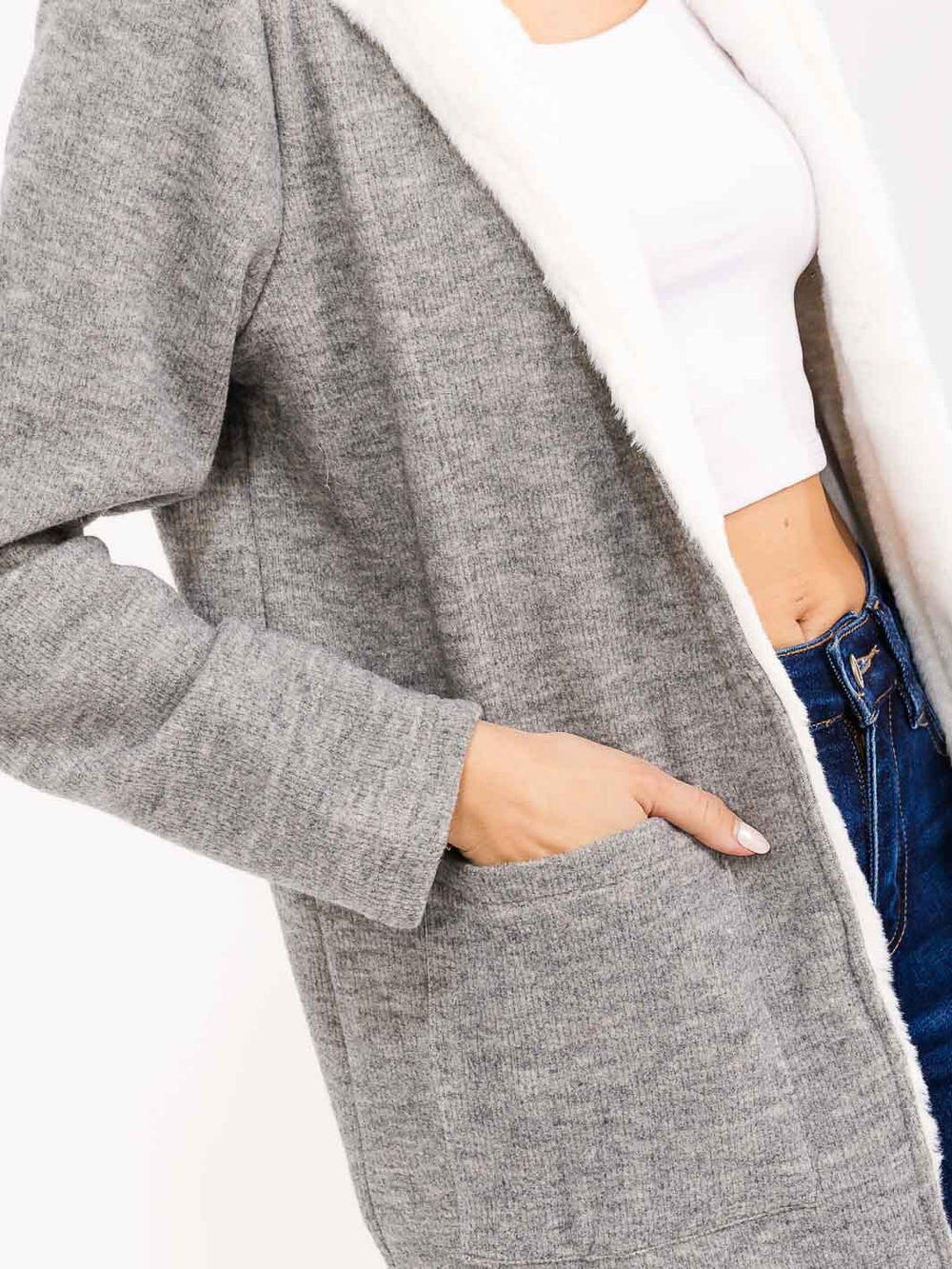 WOMEN'S LONG SLEEVE OPEN FRONT POCKETS HOODED SHERPA CONTRAST CARDIGAN