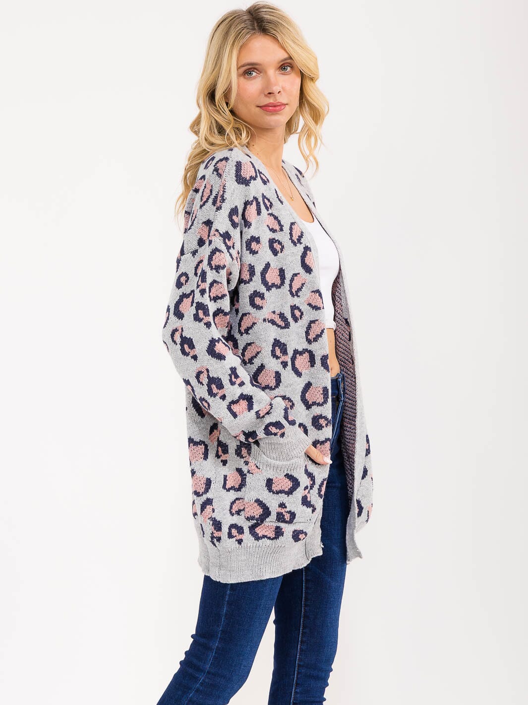 WOMEN'S LONG SLEEVE OPEN FRONT POCKETS ANIMAL PRINT CARDIGAN