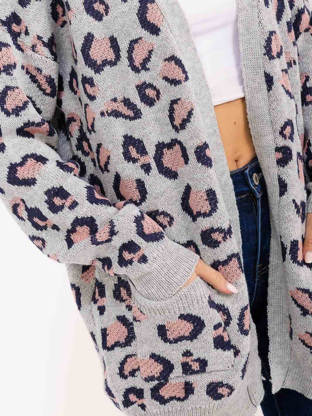 WOMEN'S LONG SLEEVE OPEN FRONT POCKETS ANIMAL PRINT CARDIGAN