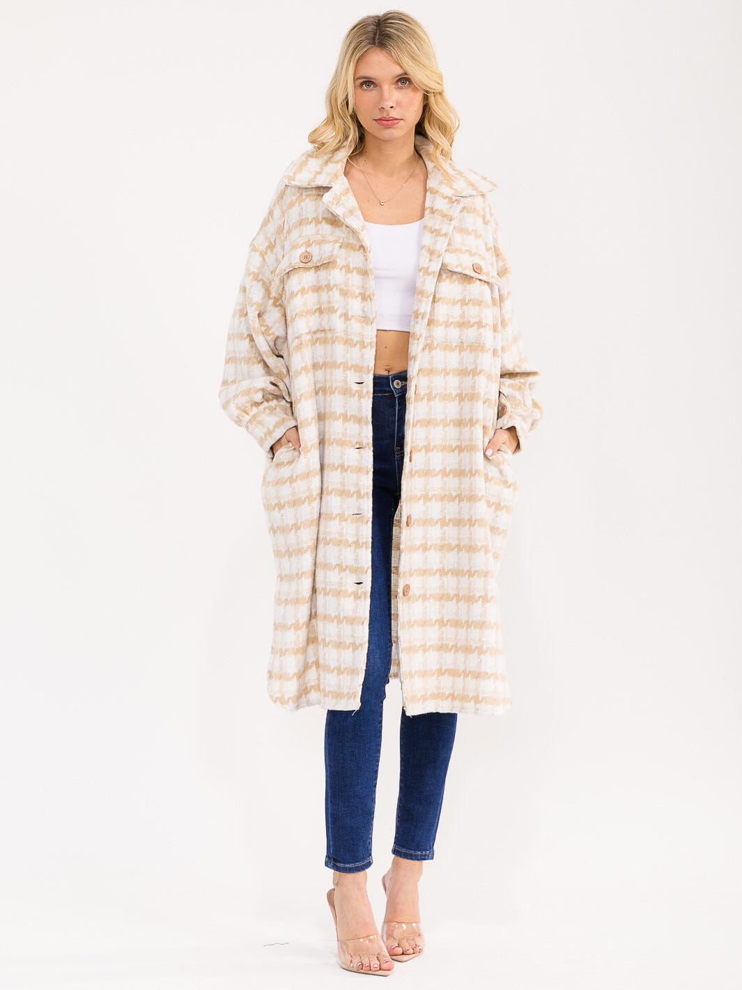 WOMEN'S LONG SLEEVE BUTTON UP POCKETS PLAID COAT