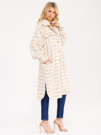 WOMEN'S LONG SLEEVE BUTTON UP POCKETS PLAID COAT