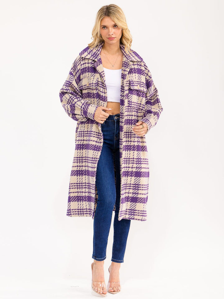 WOMEN'S LONG SLEEVE FRONT POCKETS BUTTON UP PLAID COAT