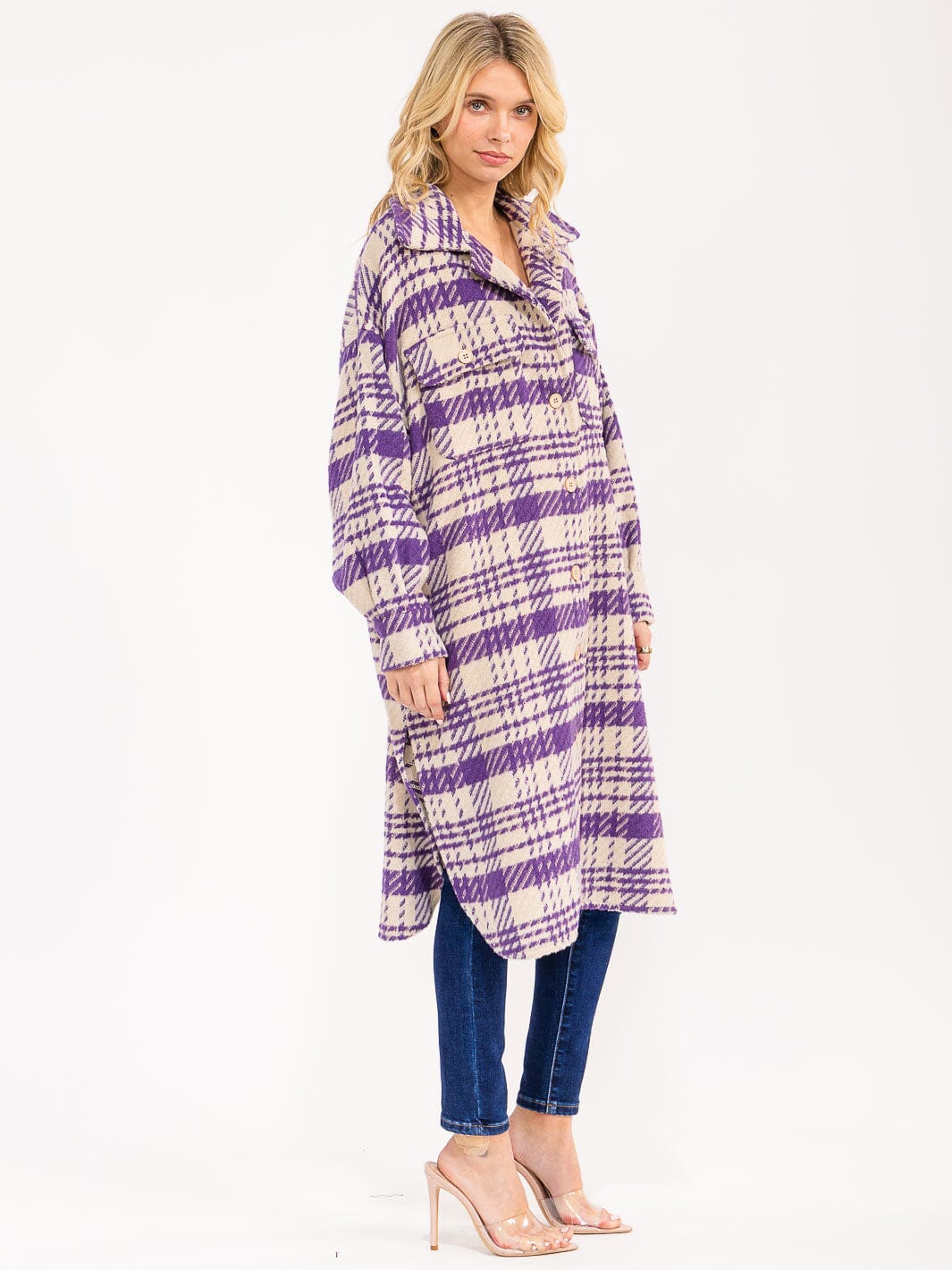 WOMEN'S LONG SLEEVE FRONT POCKETS BUTTON UP PLAID COAT