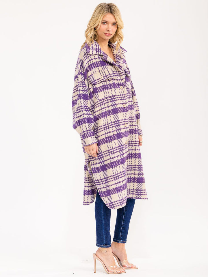 WOMEN'S LONG SLEEVE FRONT POCKETS BUTTON UP PLAID COAT