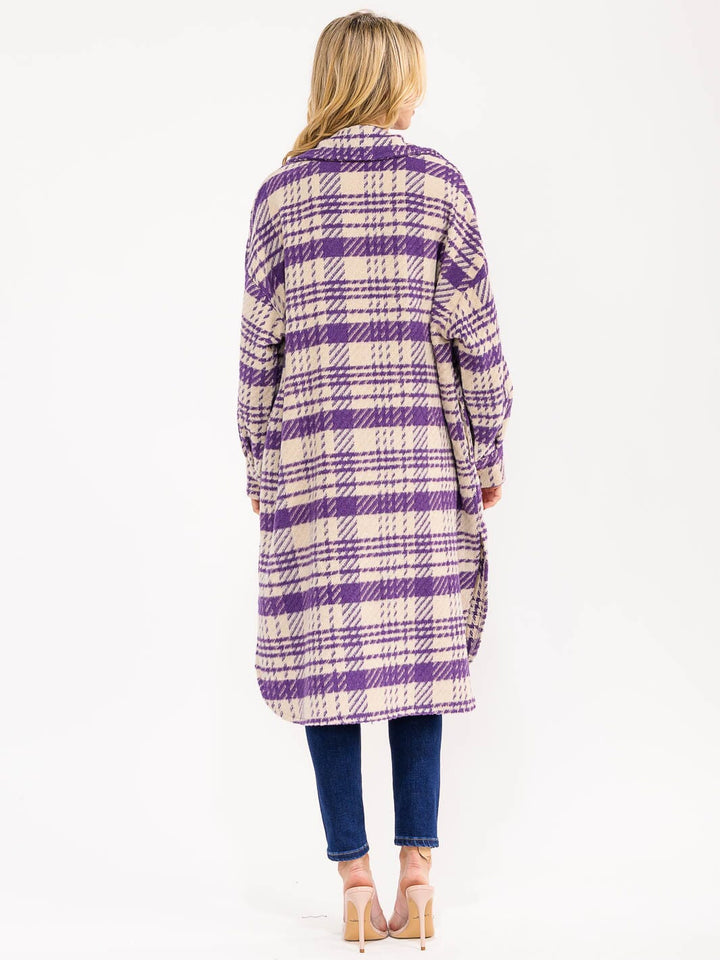 WOMEN'S LONG SLEEVE FRONT POCKETS BUTTON UP PLAID COAT