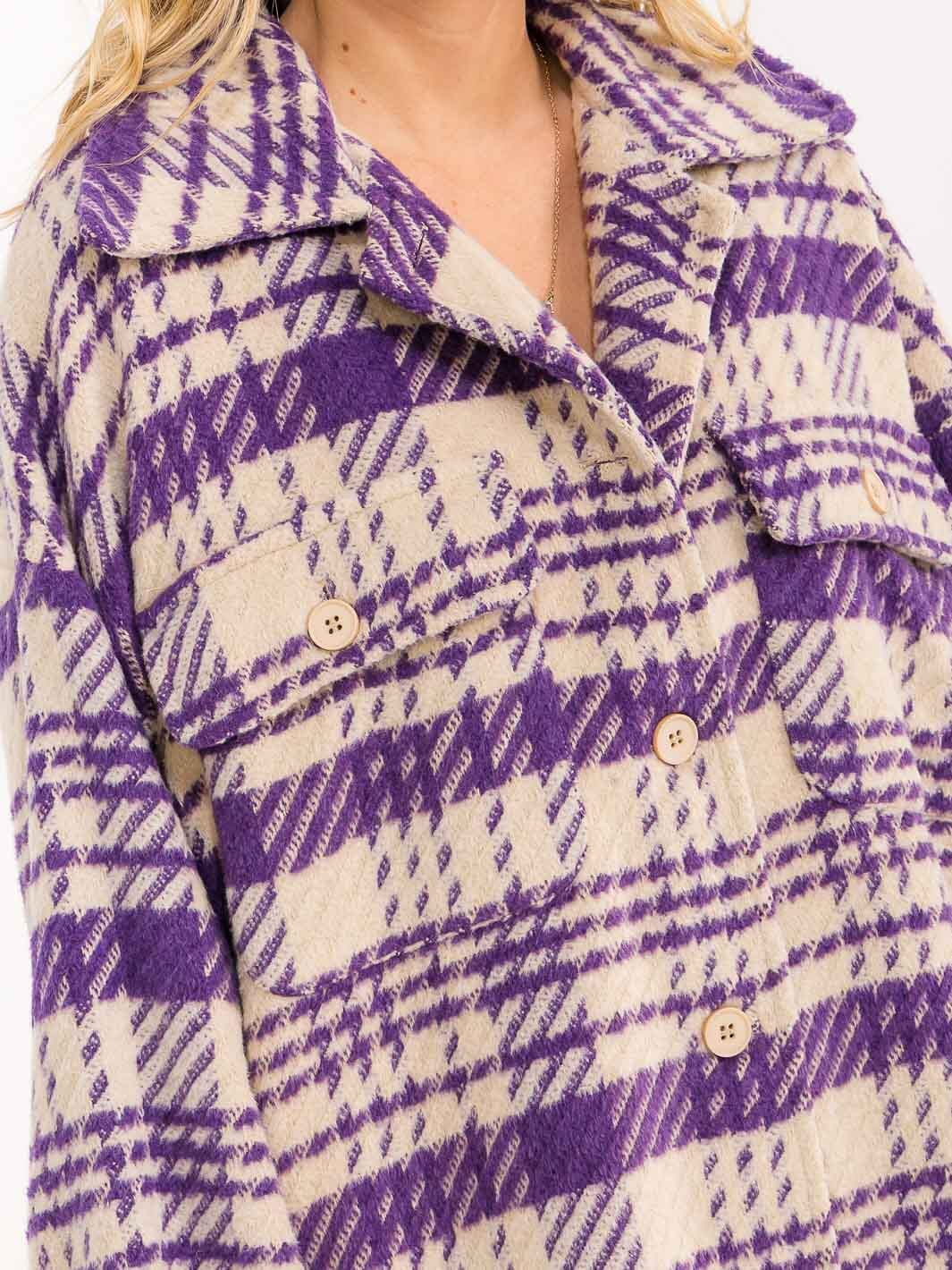 WOMEN'S LONG SLEEVE FRONT POCKETS BUTTON UP PLAID COAT