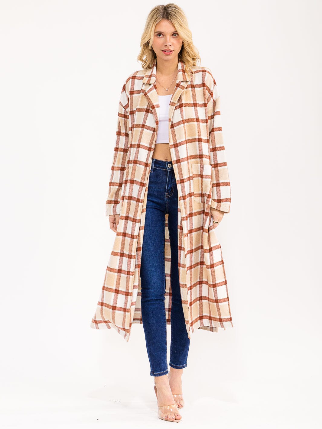 WOMEN'S LONG SLEEVE FRONT POCKETS SELF TIE PLAID COAT