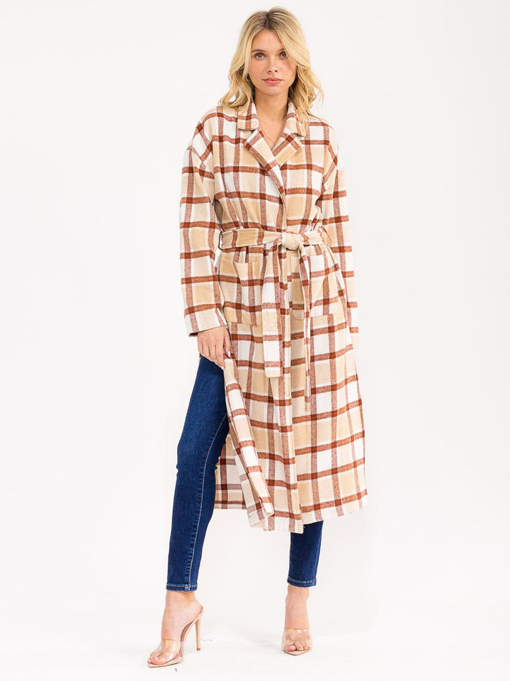 WOMEN'S LONG SLEEVE FRONT POCKETS SELF TIE PLAID COAT