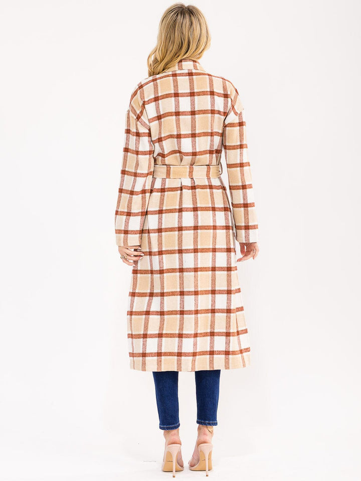 WOMEN'S LONG SLEEVE FRONT POCKETS SELF TIE PLAID COAT