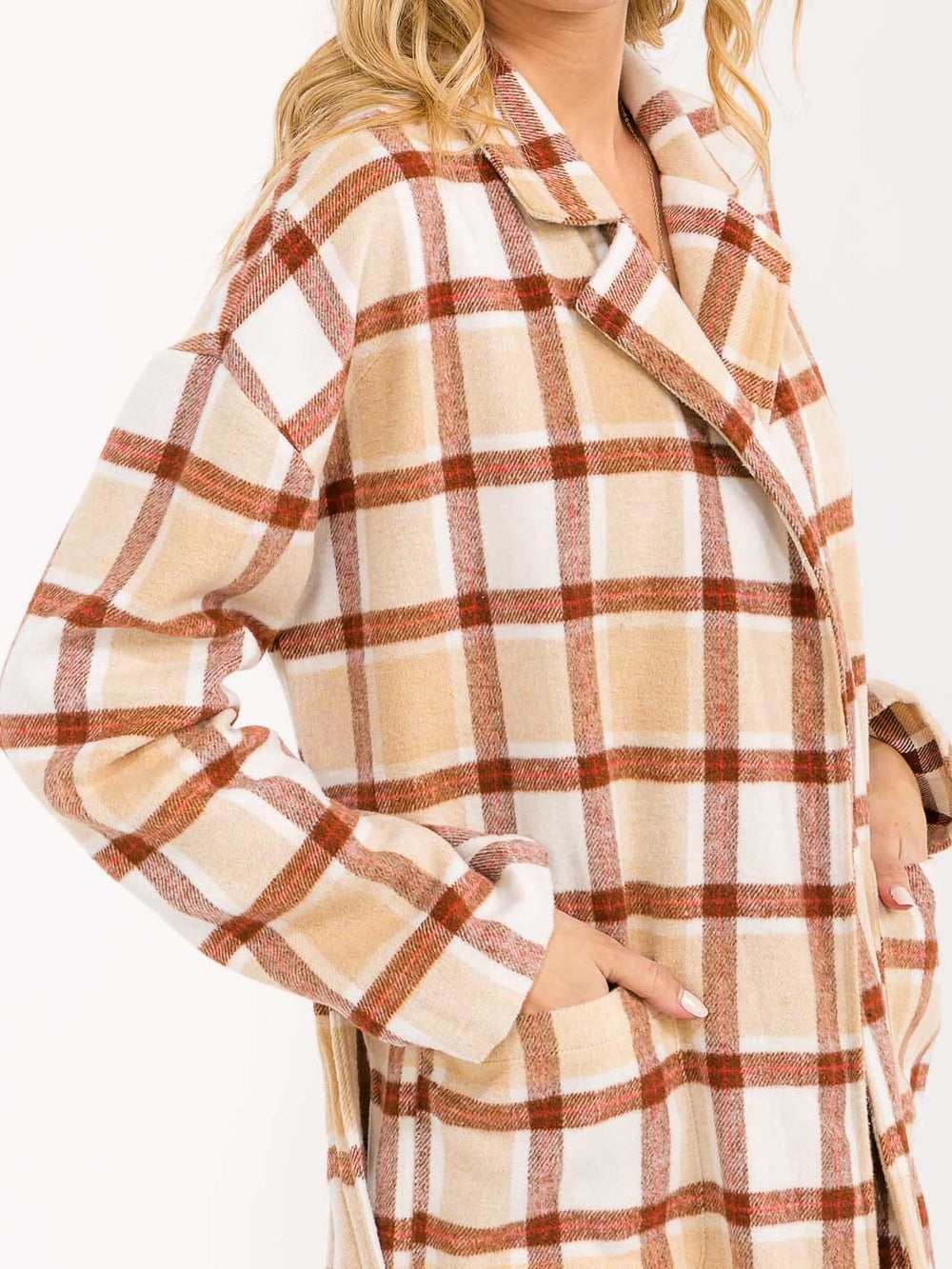 WOMEN'S LONG SLEEVE FRONT POCKETS SELF TIE PLAID COAT