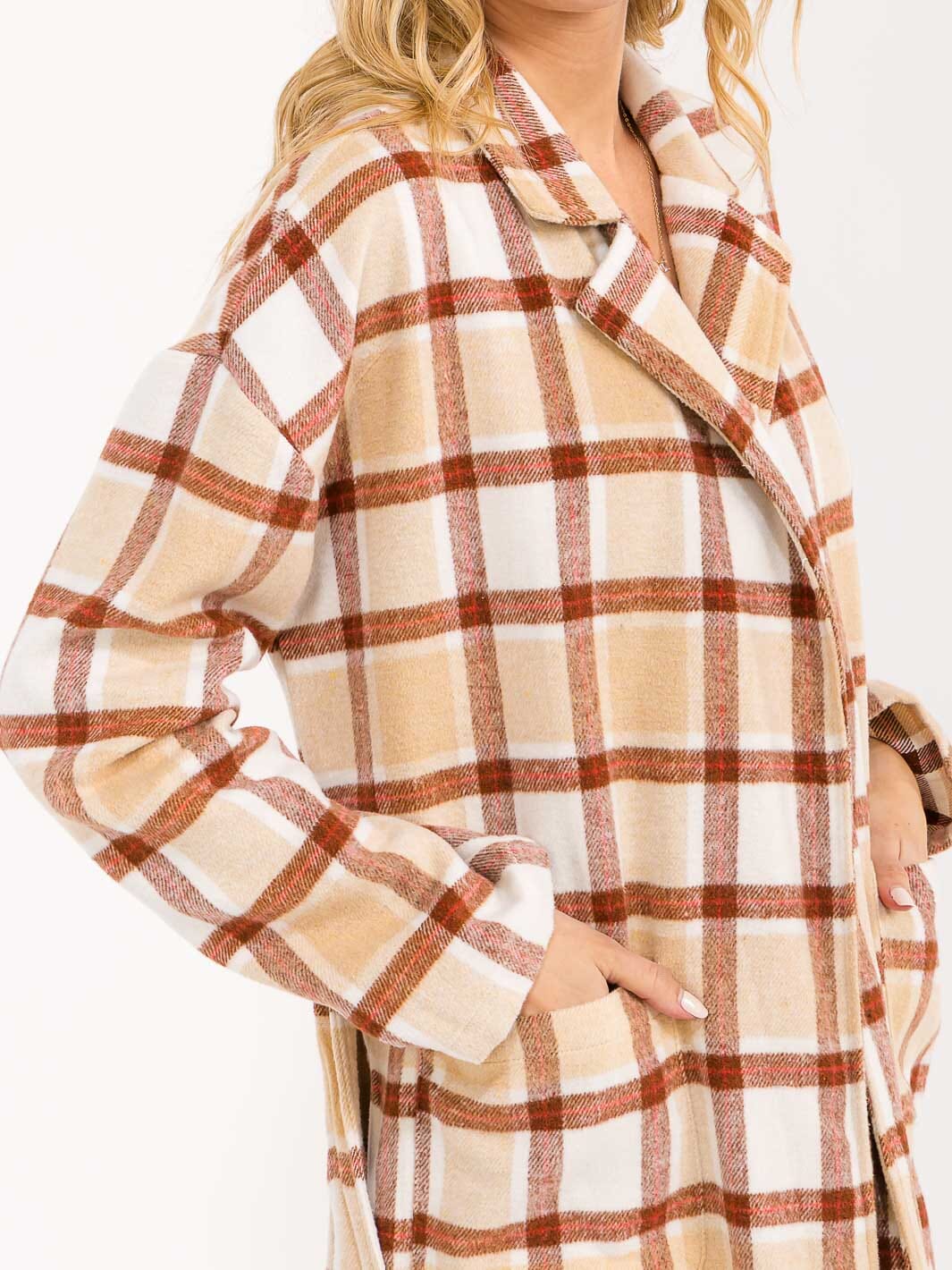 WOMEN'S LONG SLEEVE FRONT POCKETS SELF TIE PLAID COAT