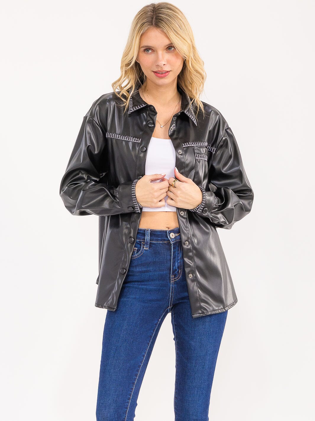 WOMENS'S LONG SLEEVE BUTTON CLOSURE POCKETS PU PLEATHER SHACKET