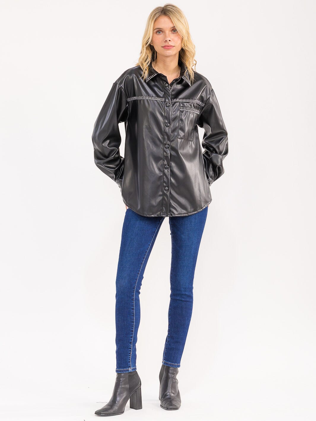 WOMENS'S LONG SLEEVE BUTTON CLOSURE POCKETS PU PLEATHER SHACKET