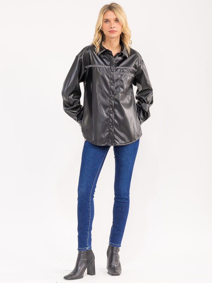 WOMENS'S LONG SLEEVE BUTTON CLOSURE POCKETS PU PLEATHER SHACKET