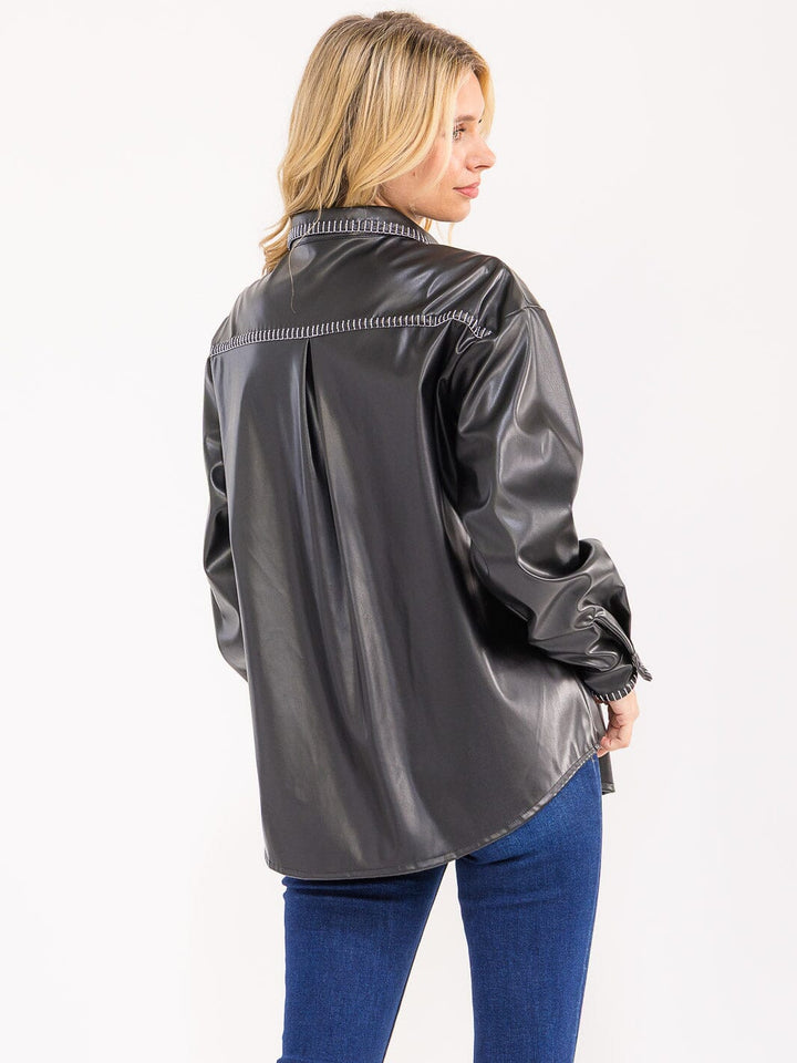 WOMENS'S LONG SLEEVE BUTTON CLOSURE POCKETS PU PLEATHER SHACKET