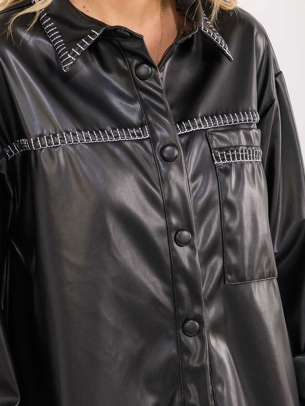 WOMENS'S LONG SLEEVE BUTTON CLOSURE POCKETS PU PLEATHER SHACKET