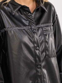 WOMENS'S LONG SLEEVE BUTTON CLOSURE POCKETS PU PLEATHER SHACKET